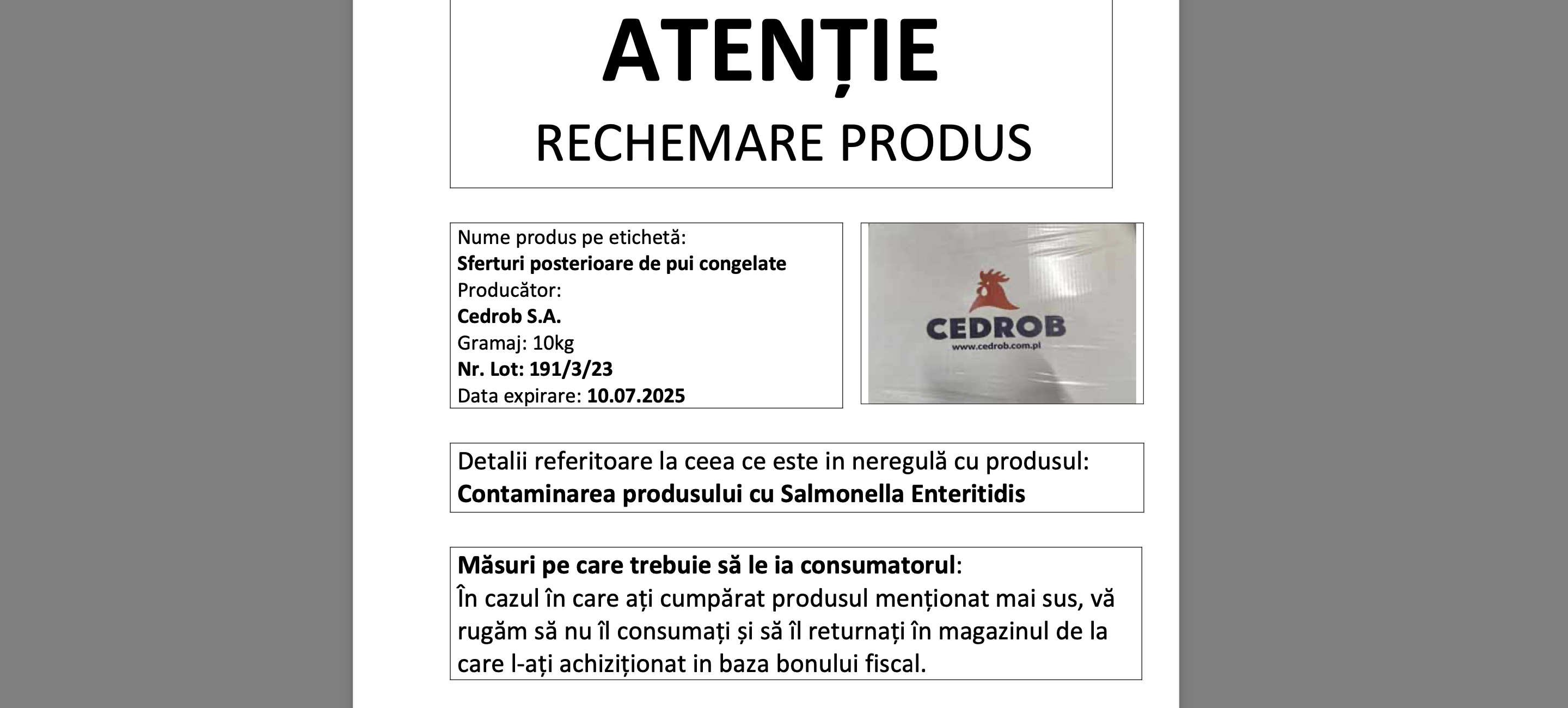 ANSVSA anunță că a retras dintr-un magazin din Mediaș, un lot de carnea de pui contaminată cu salmonella. Proprietarul neagă informația! 2 ansvsa anunță că a retras dintr-un magazin din mediaș, un lot de carnea de pui contaminată cu salmonella. proprietarul neagă informația!
